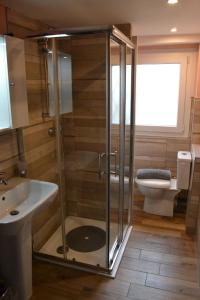 a bathroom with a shower and a sink and a toilet at Casa Buby in Cadenazzo