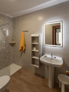 a bathroom with a sink and a mirror and a shower at Apartamento rural Alborada in Cómpeta
