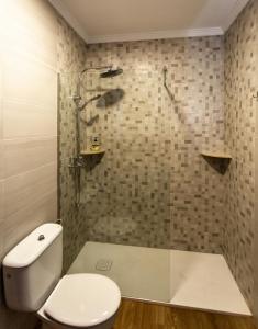 a bathroom with a toilet and a glass shower at Apartamento rural Alborada in Cómpeta