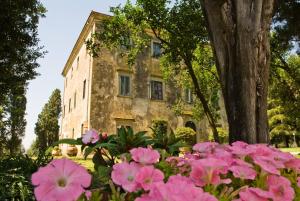un viejo edificio con flores rosas delante de él en Tenuta di Poggio Cavallo, en Istia dʼOmbrone
