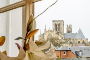 a view of a church from a window with a flower at 43 County House in York