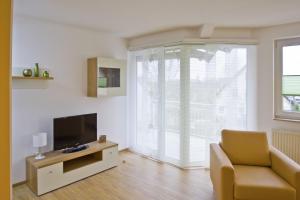 a living room with a tv and a couch and a chair at strandnah mit Balkon, gratis Nutzung vom AHOI Erlebnisbad und Sauna in Sellin - Strandhaus Mönchgut FeWo13 in Lobbe