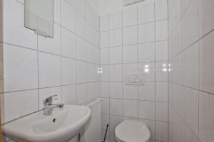 ein weißes Badezimmer mit Waschbecken und Toilette in der Unterkunft Balkon mit Meerblick, ruhige Lage - Ferienhaus Distelfink FeWo 01 in Groß Zicker + 12 Fotos