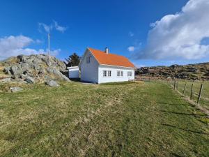 Utsira的住宿－Utsira Overnatting - Kvalvik，一座带草地的山丘上的白色房子