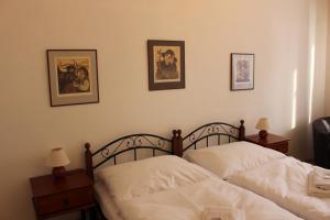 ロウニにあるHotel Černý kůňの壁に絵が描かれたベッドルームのベッド2台