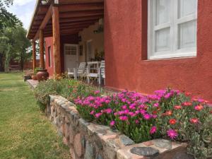 維拉優尼恩的住宿－Cabaña Chañares de Banda Florida - Sveña，房屋前有花的挡墙