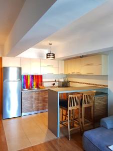a kitchen with a refrigerator and a table and chairs at Cosy one bedroom apartment, close to Iulius Mall in Cluj-Napoca
