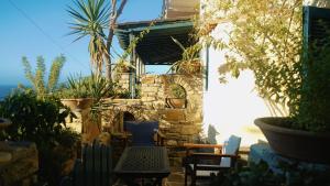 a patio with a table and chairs and plants at Pension Galini in Armenistis +73 photos