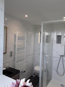 a white bathroom with a shower and a toilet at Chez Herveline Le Fer - Chambres et table d'hôtes in Plouigneau