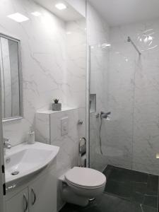 een witte badkamer met een toilet en een douche bij Apartman Maja in Banja Luka