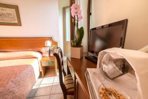 1 dormitorio con 1 cama y escritorio con TV en Hotel San Pietro, en Asís