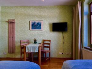 Zimmer mit einem Tisch, Stühlen und einem TV in der Unterkunft Maisonette Salzknecht in Halle an der Saale