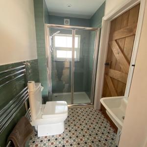 un bagno con doccia, WC e lavandino di Little Hilton Farm a Haverfordwest