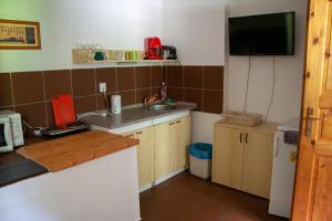 a small kitchen with a sink and a microwave at Apartment Harrachov 11 in Nový Svět