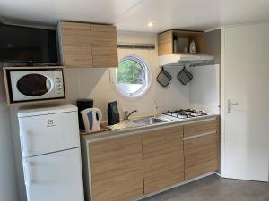 eine kleine Küche mit einer Spüle und einer Mikrowelle in der Unterkunft Neat chalet with microwave Antwerp at 39 km in Rijkevorsel