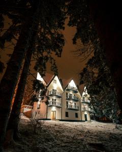 a large white building in the snow at night at Vila ZLATARSKA PAHULJA --- apartman " BELE NOĆI " in Nova Varoš