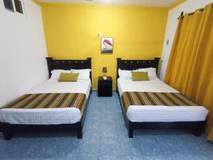 バカラルにあるPosada Antonia Bacalarの黄色の壁と黄色のカーテンが特徴の客室で、ベッド2台が備わります。