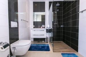 Łazienka z toaletą i prysznicem z czarnymi kafelkami w obiekcie House Green w mieście Vrh