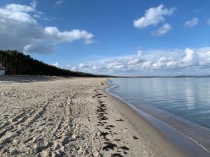 a beach with footprints in the sand and water at Villa Waldblick in Baabe