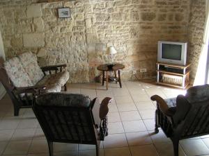 ein Wohnzimmer mit einem TV und einem Vogel auf einem Stuhl in der Unterkunft Columba - Les Constellations in Doeuil-sur-le-Mignon