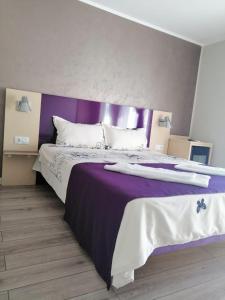 a bedroom with a large bed with a purple headboard at Casa Martin in Sulina