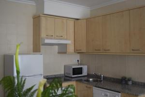 a kitchen with a white refrigerator and a microwave at La Caparina, apartamento con piscina a 3 km de la playa VUT-2377-AS in Llanes +3 photos