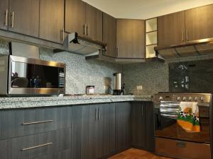 a kitchen with wooden cabinets and a microwave at Hostal Casa de Lidice in Cuenca