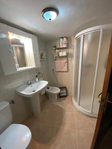 a bathroom with a sink and a shower and a toilet at Casa del Carabinero in Fermoselle +5 photos