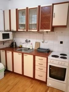 a kitchen with a white stove and a sink at Ubytování Eva in Luhačovice