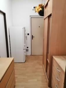 a kitchen with a refrigerator and a hallway at Ubytování Eva in Luhačovice