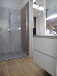 a bathroom with a shower with a glass door at Giudei House Loft 2 in Bologna