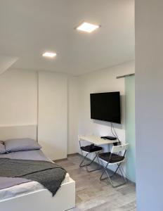 een slaapkamer met een bed en een bureau met een televisie bij Vár-Lak Apartman in Eger