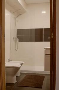 a bathroom with a shower and a toilet and a sink at B Apartamentos in Viana do Castelo