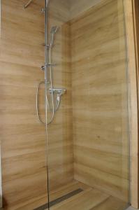 a shower with a glass door and a wooden wall at Lipowe Wzgórze Limanowa in Limanowa