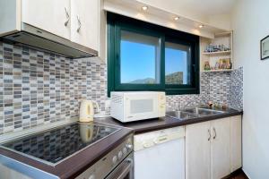 cocina con fregadero y microondas en Giotas Sea View Apartment, en Skala Kallirakhis