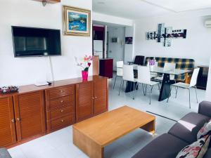 sala de estar con sofá y TV en APARTAMENT ILLA MAR D´OR L`ESTARTIT, en L'Estartit