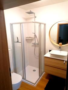 a bathroom with a shower and a toilet and a sink at Bergperle Apartments & Mountain Sport in Fliess