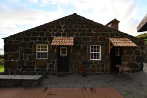 a stone house with a dog standing in front of it at Caldeira Guesthouse in Fajã da Caldeira de Santo Cristo