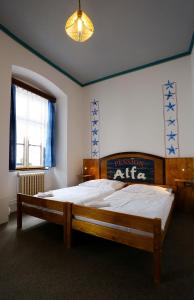 a bedroom with a large wooden bed in a room at Pension Alfa & Whisky Pub in Tábor