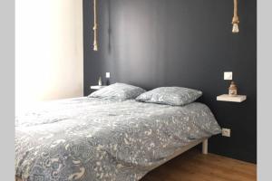 1 cama en un dormitorio con 2 almohadas en APPARTEMENT DE CARACTÈRE AVEC TERRASSE. en La Rochelle