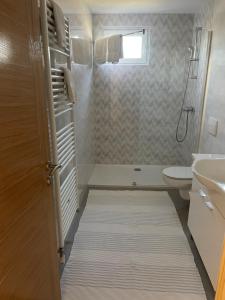 een badkamer met een wastafel, een toilet en een douche bij Oaza in Jelah