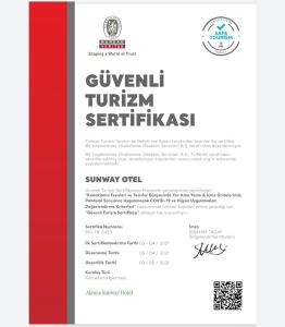Ett certifikat, pris eller annat dokument som visas upp på Sunway Hotel
