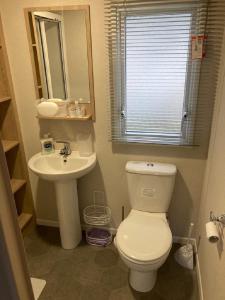 a small bathroom with a toilet and a sink at Blackpool Static Caravan Marton Mere in Blackpool