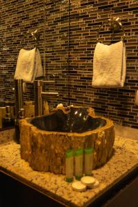 a bathroom with a stone sink in a bathroom at Hotel Margarita and Tour Operator Drake Bay in Drake