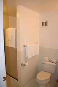 a bathroom with a white toilet and towels at Visions Inn in Cooperstown