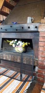 a stone fireplace with a pot of flowers in it at Hommik House in Otepää