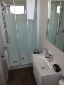 a white bathroom with a shower and a sink at Two Thumbs Unit 2 in Lake Tekapo