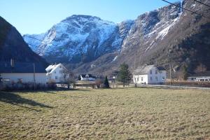 a field with houses and a mountain in the background at Eidfjord Adventure hotel Øvre Eidfjord in Eidfjord