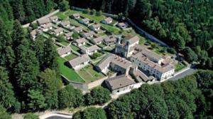 an aerial view of a large house in the forest at Appartamento Ginetto in Corsalone