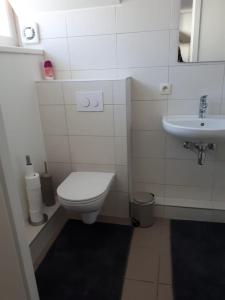 a white bathroom with a toilet and a sink at Manege volmolen in Maaseik